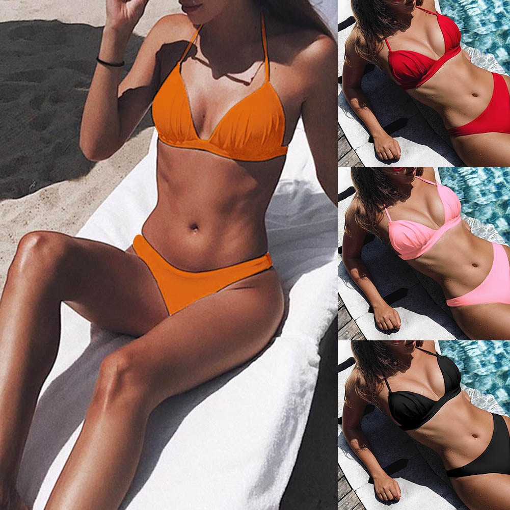 Solid Color Halter Bandage Summer Bikini Set Women Two-piece Swimsuit Swimwear