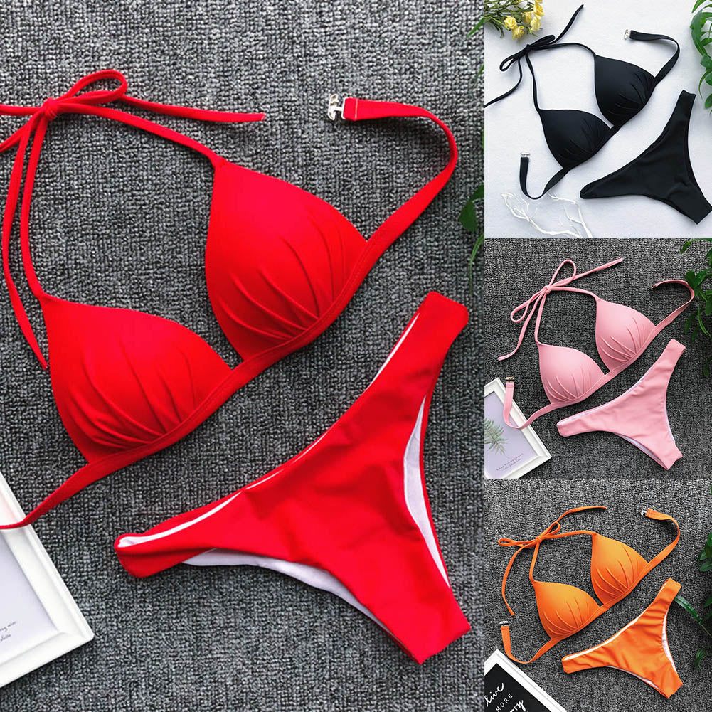 Solid Color Halter Bandage Summer Bikini Set Women Two-piece Swimsuit Swimwear