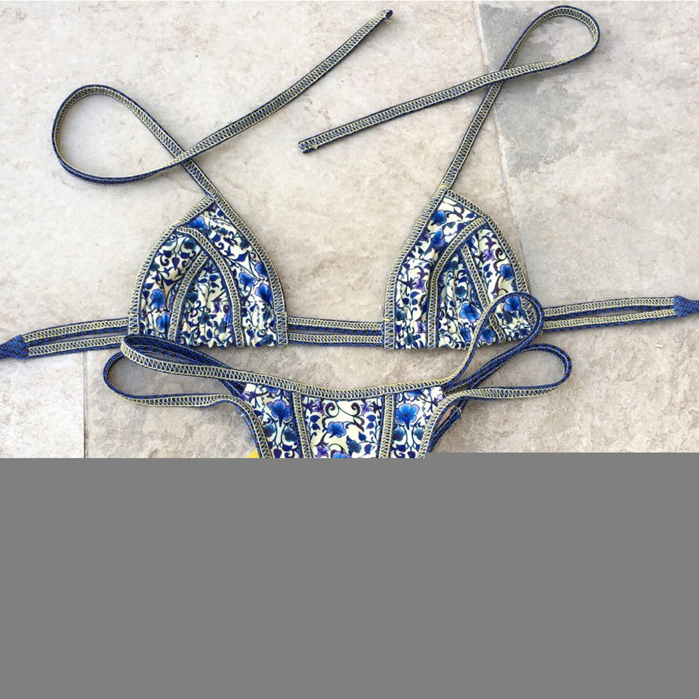 Chinese Ancient Blue-White Porcelain Style Floral Print Sexy Bikini Set Swimsuit
