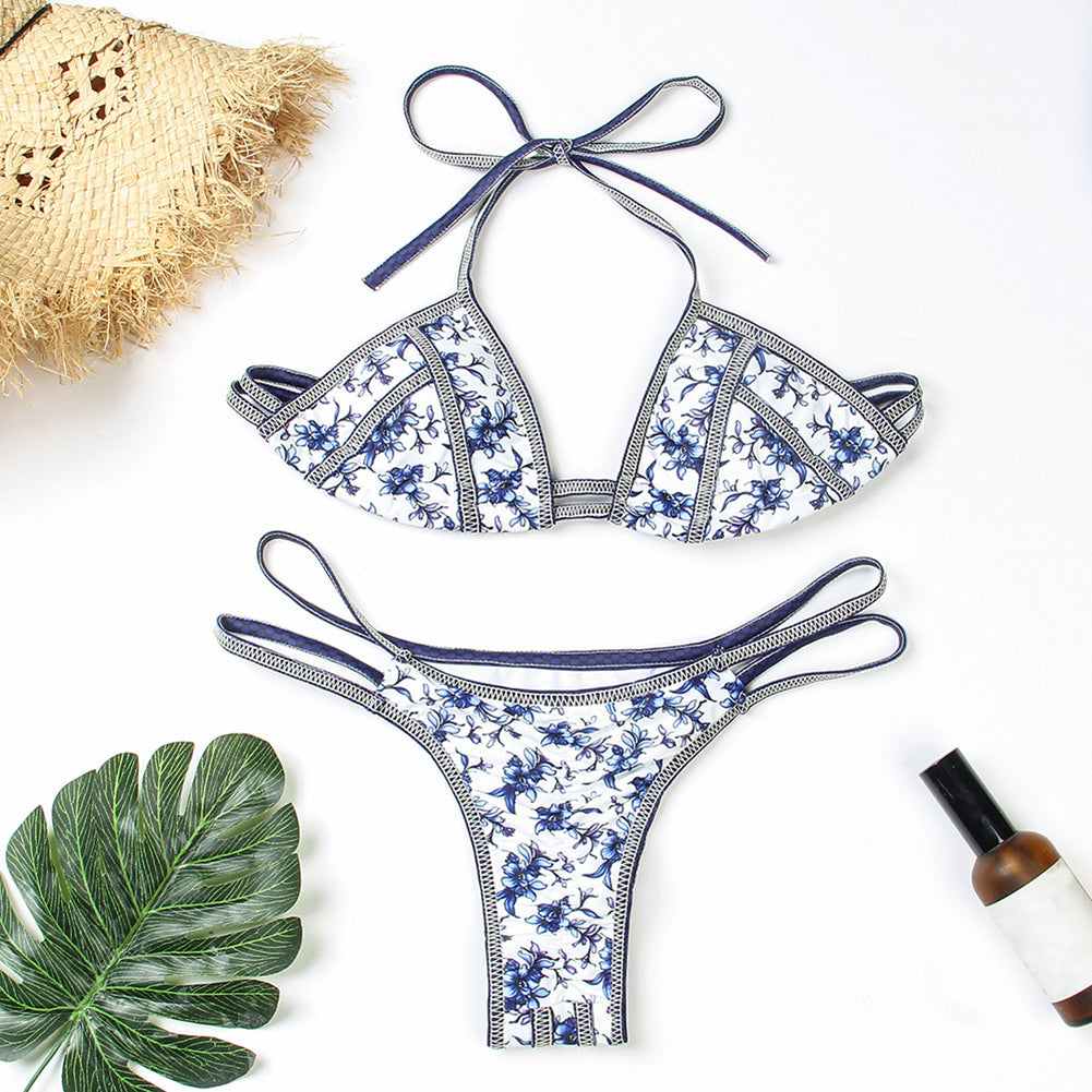Chinese Ancient Blue-White Porcelain Style Floral Print Sexy Bikini Set Swimsuit