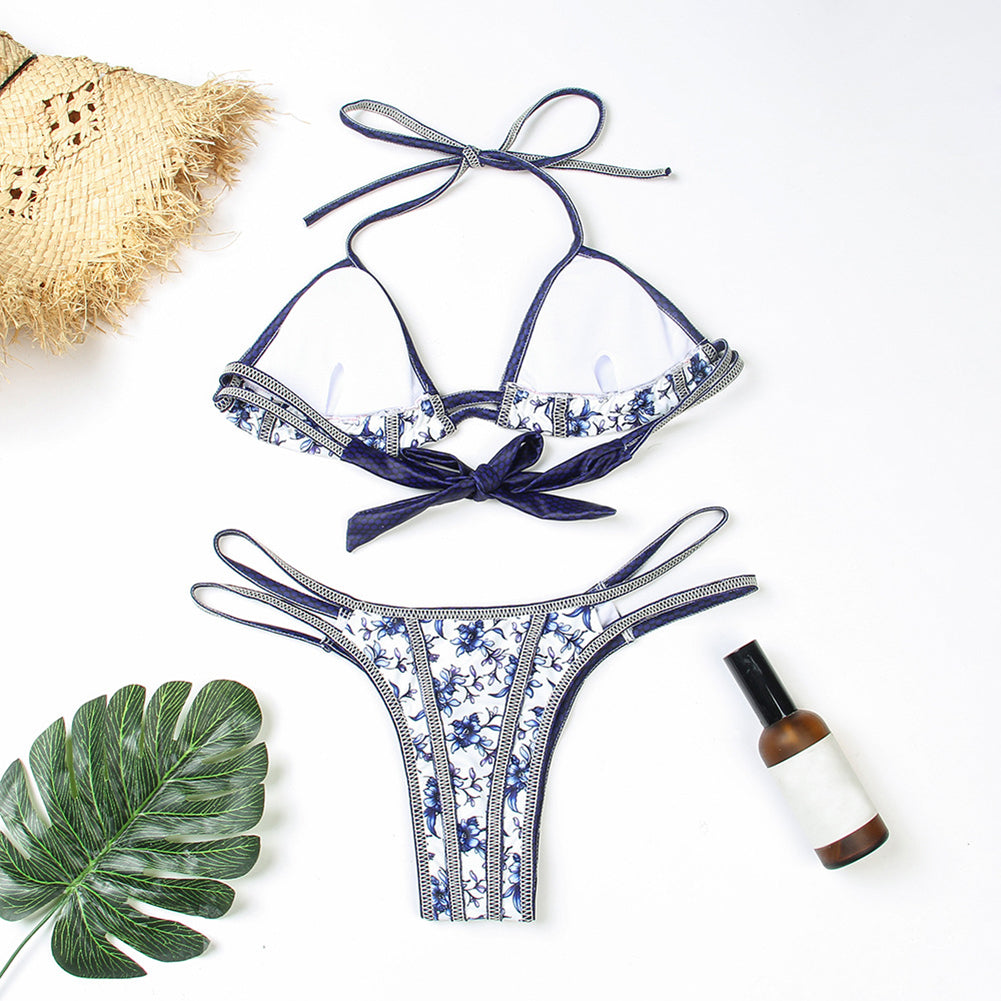 Chinese Ancient Blue-White Porcelain Style Floral Print Sexy Bikini Set Swimsuit