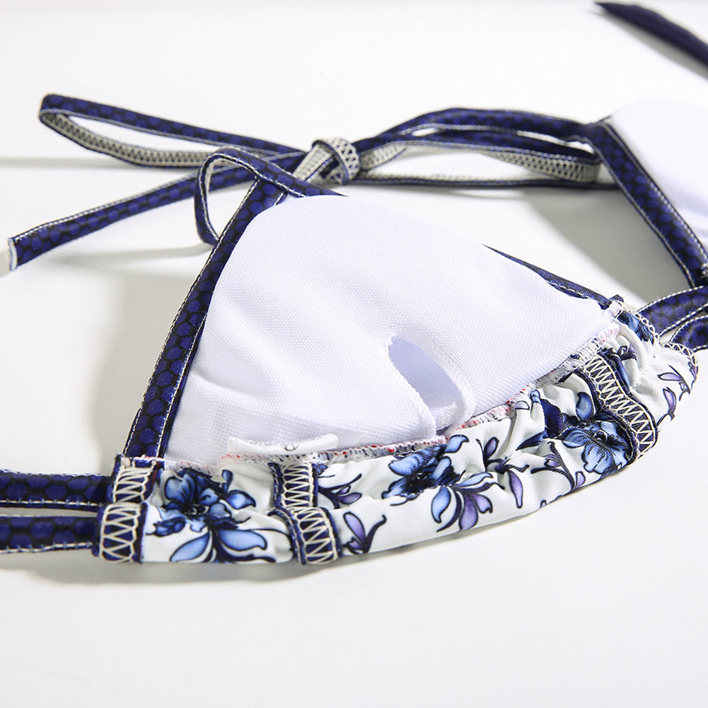 Chinese Ancient Blue-White Porcelain Style Floral Print Sexy Bikini Set Swimsuit