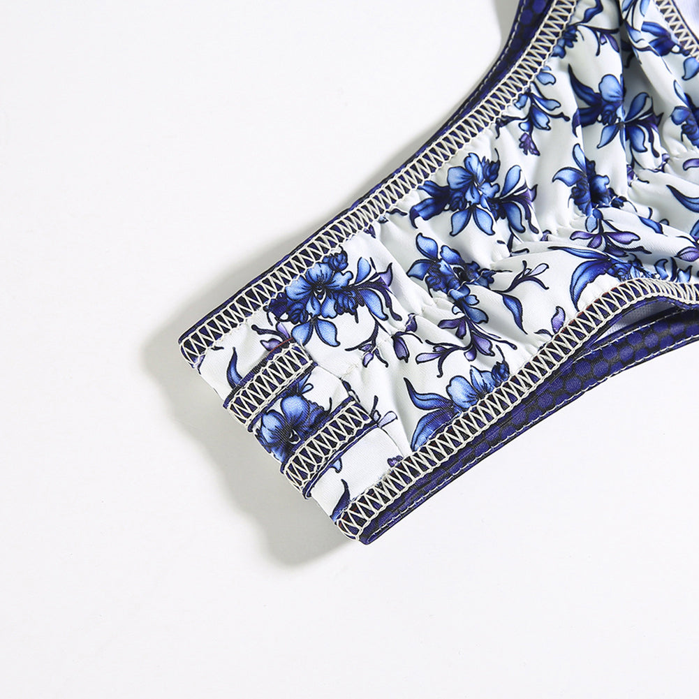 Chinese Ancient Blue-White Porcelain Style Floral Print Sexy Bikini Set Swimsuit