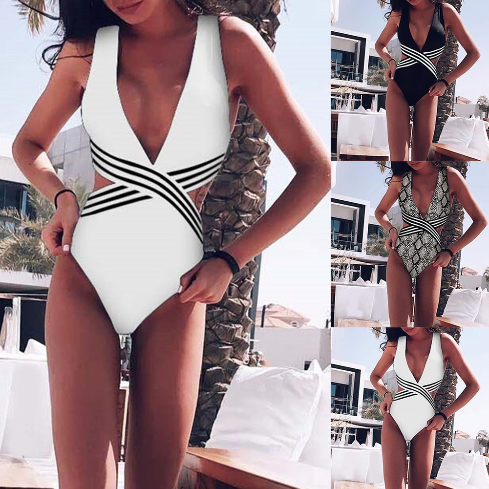 Sexy Women Stripe Patchwork Cutout Monokini Swimwear Women One-Piece Swimsuit
