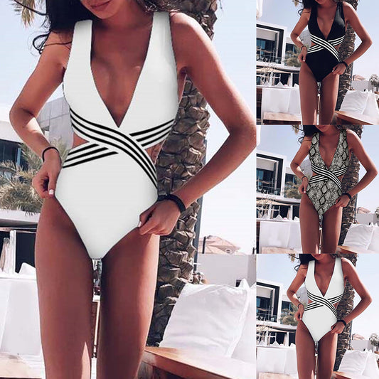 Sexy Women Stripe Patchwork Cutout Monokini Swimwear Women One-Piece Swimsuit