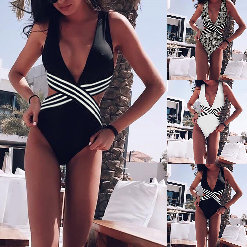 Sexy Women Stripe Patchwork Cutout Monokini Swimwear Women One-Piece Swimsuit