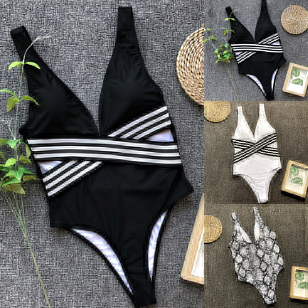 Sexy Women Stripe Patchwork Cutout Monokini Swimwear Women One-Piece Swimsuit