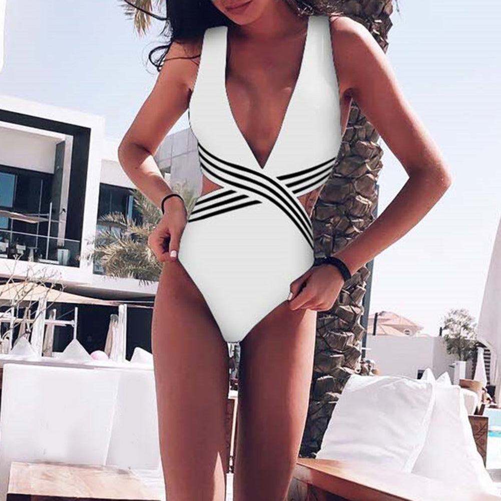 Sexy Women Stripe Patchwork Cutout Monokini Swimwear Women One-Piece Swimsuit