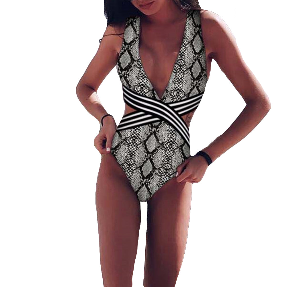 Sexy Women Stripe Patchwork Cutout Monokini Swimwear Women One-Piece Swimsuit