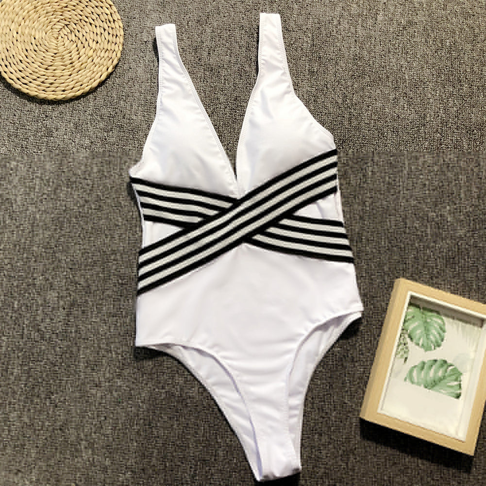 Sexy Women Stripe Patchwork Cutout Monokini Swimwear Women One-Piece Swimsuit