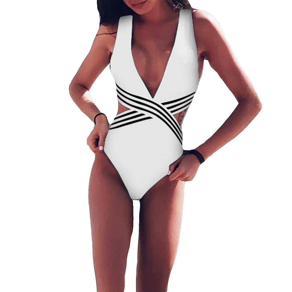 Sexy Women Stripe Patchwork Cutout Monokini Swimwear Women One-Piece Swimsuit