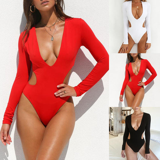 Solid Color Women Deep V Long Sleeve Hollow Out Monokini One-Piece Swimwear