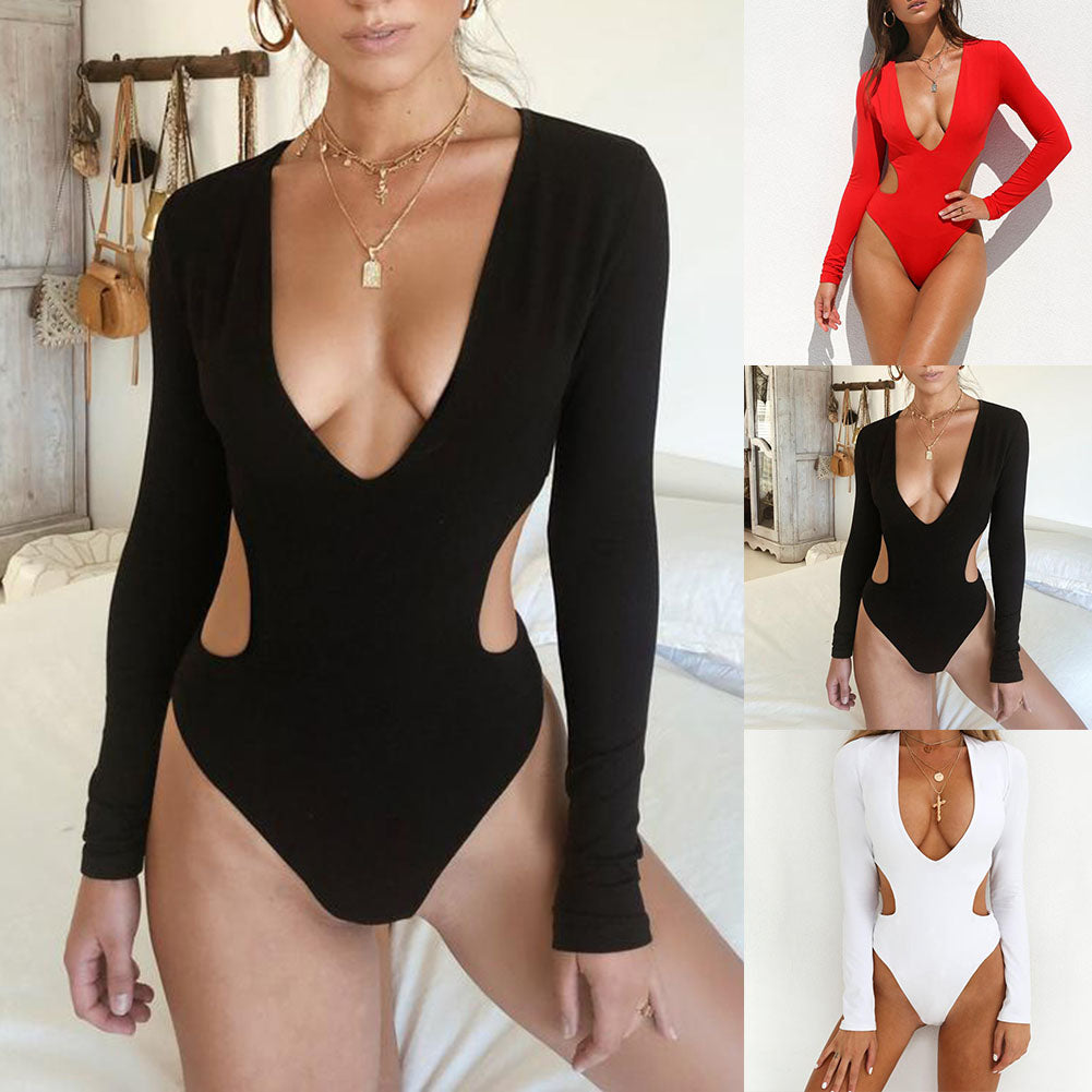 Solid Color Women Deep V Long Sleeve Hollow Out Monokini One-Piece Swimwear