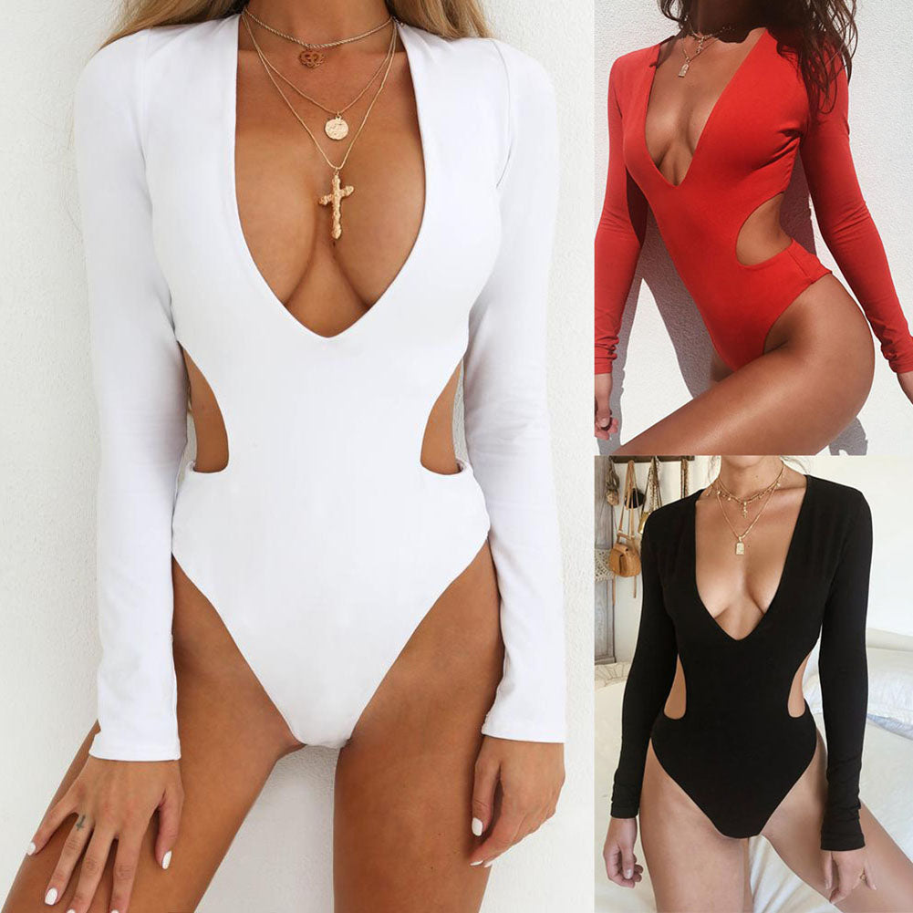 Solid Color Women Deep V Long Sleeve Hollow Out Monokini One-Piece Swimwear