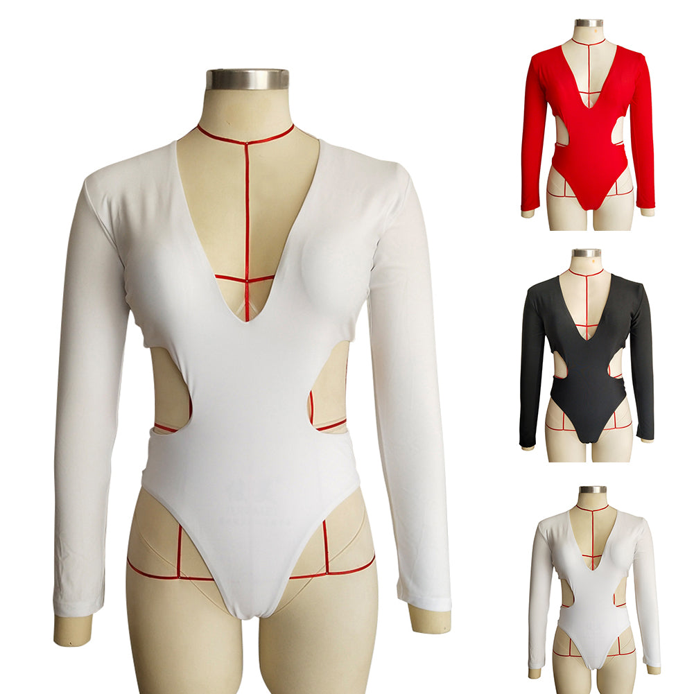 Solid Color Women Deep V Long Sleeve Hollow Out Monokini One-Piece Swimwear