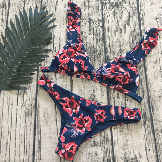 Sexy Flower Print Women Swimwear Swimsuit Triangle Ruffled Bra Briefs Bikini Set