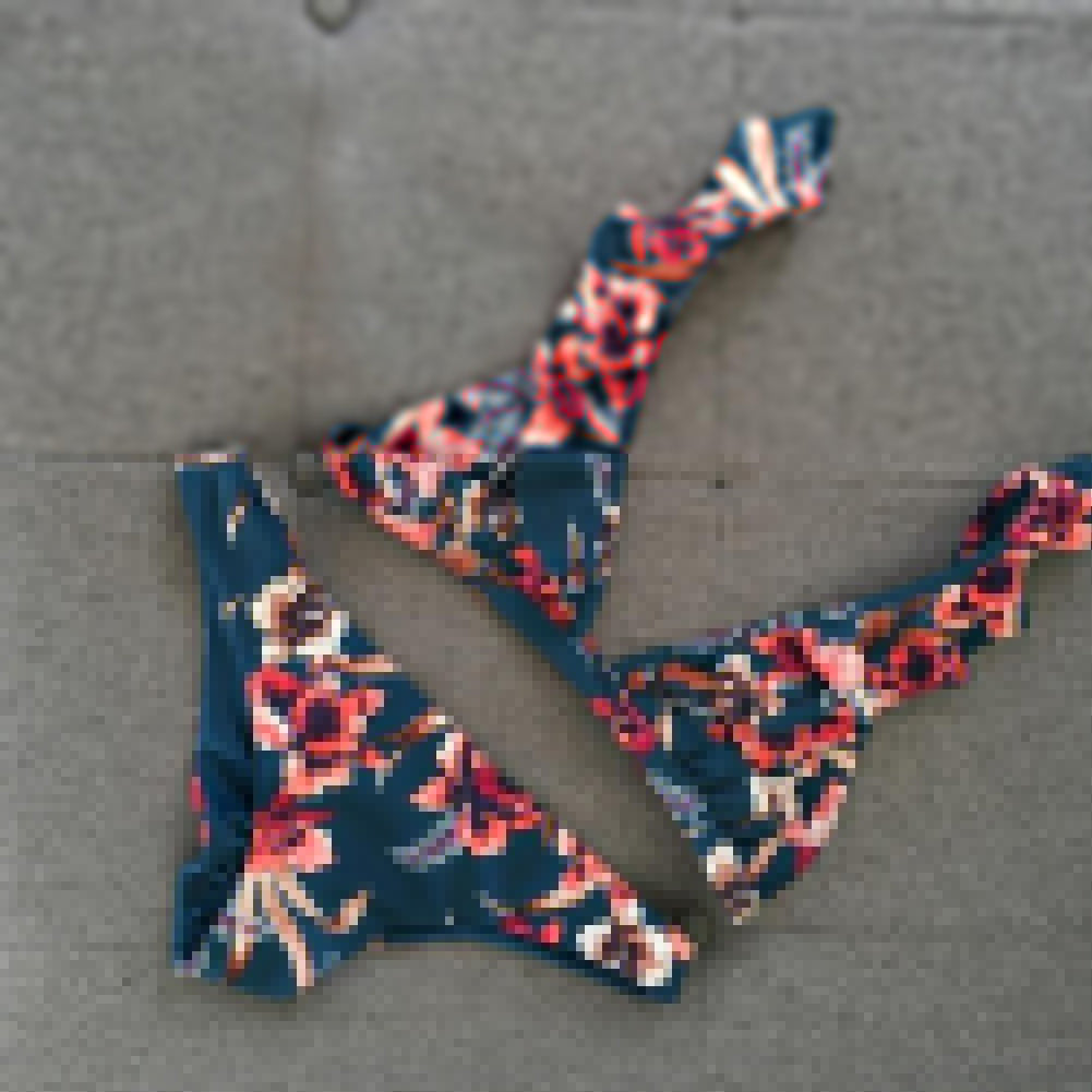 Sexy Flower Print Women Swimwear Swimsuit Triangle Ruffled Bra Briefs Bikini Set