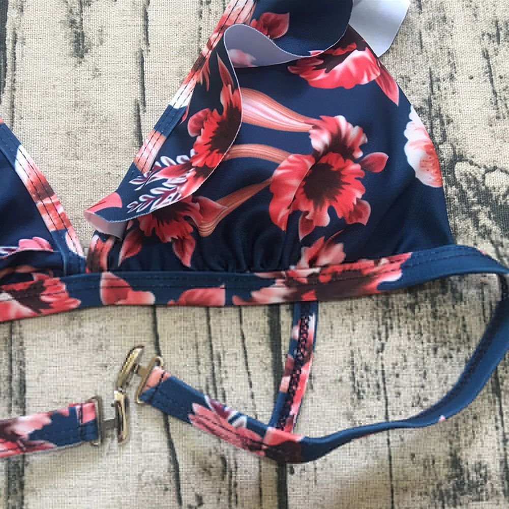 Sexy Flower Print Women Swimwear Swimsuit Triangle Ruffled Bra Briefs Bikini Set