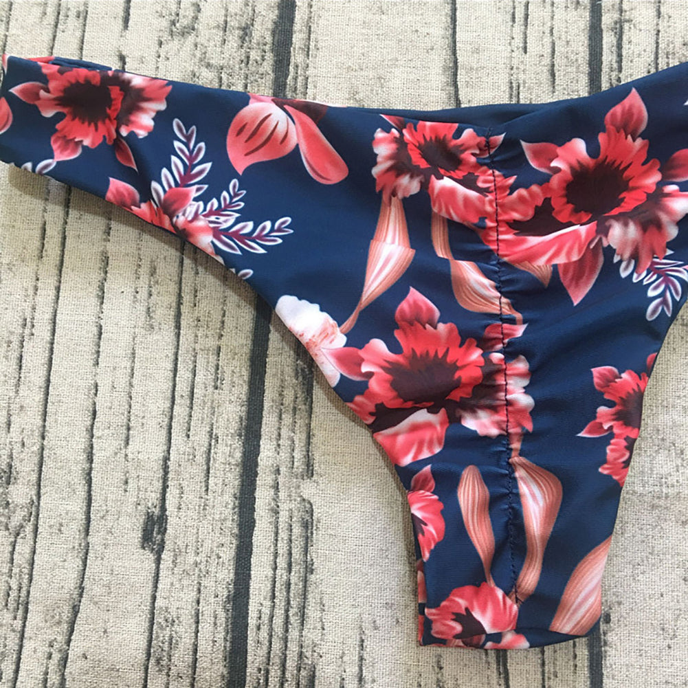 Sexy Flower Print Women Swimwear Swimsuit Triangle Ruffled Bra Briefs Bikini Set