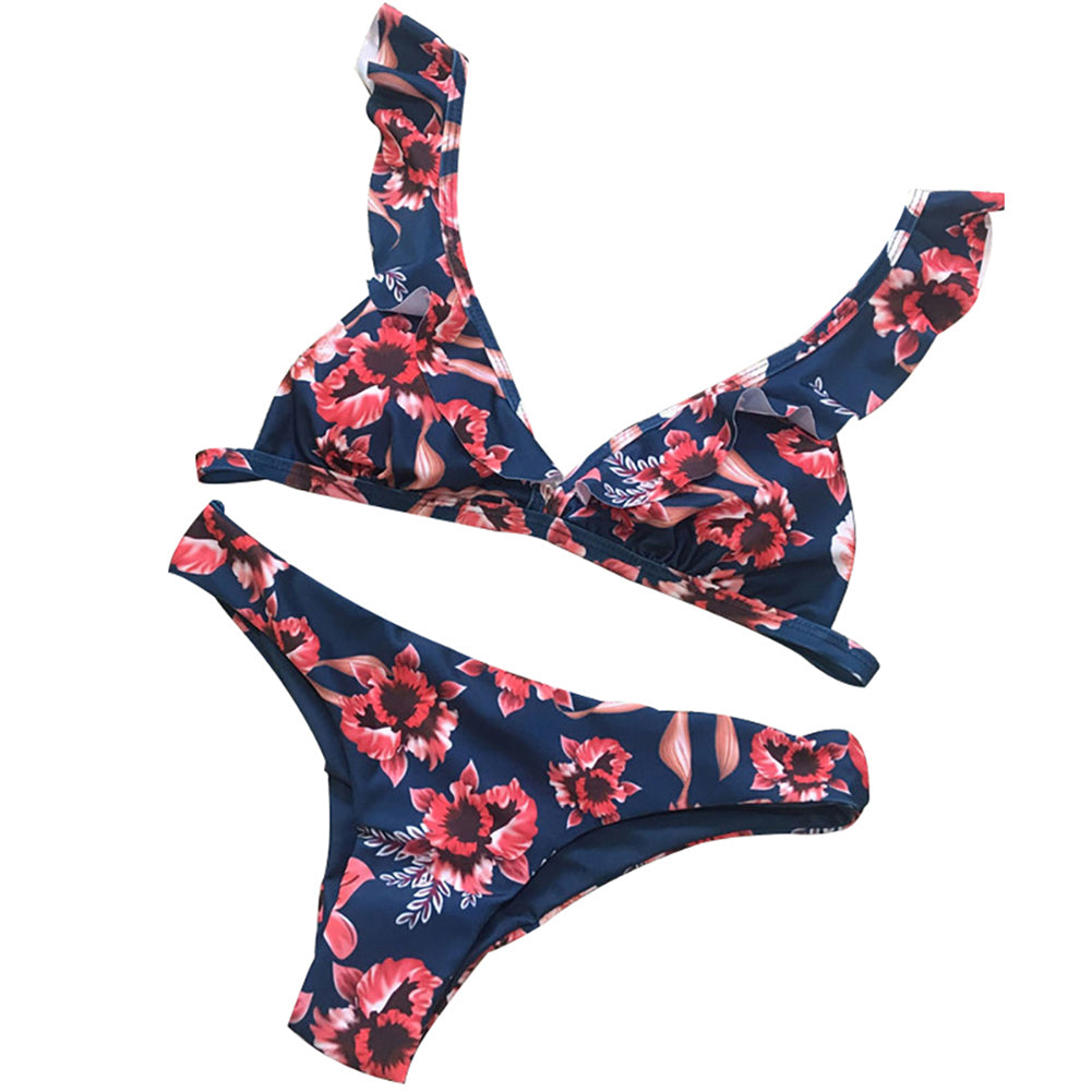 Sexy Flower Print Women Swimwear Swimsuit Triangle Ruffled Bra Briefs Bikini Set