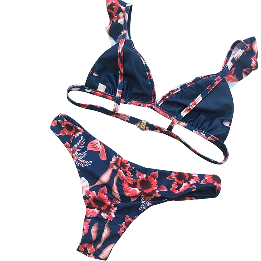 Sexy Flower Print Women Swimwear Swimsuit Triangle Ruffled Bra Briefs Bikini Set
