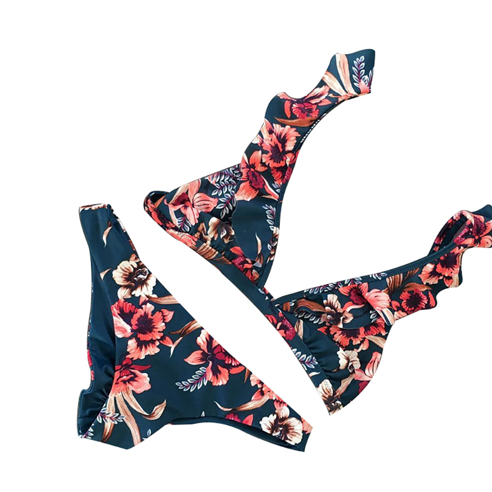 Sexy Flower Print Women Swimwear Swimsuit Triangle Ruffled Bra Briefs Bikini Set