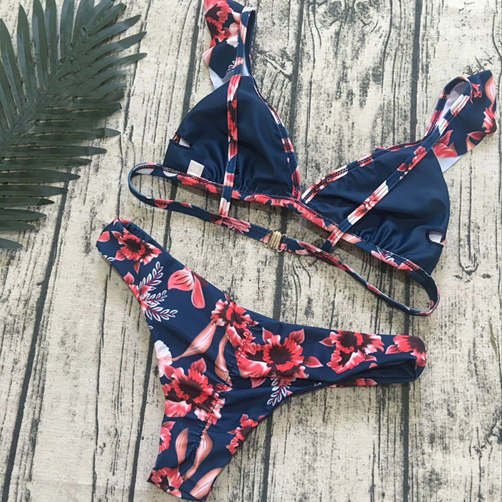 Sexy Flower Print Women Swimwear Swimsuit Triangle Ruffled Bra Briefs Bikini Set
