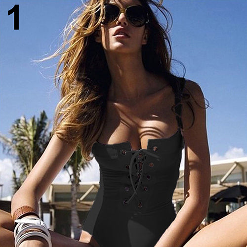 Women's Summer Sexy Lace Up Front One Piece Swimsuit Swimwear Bathing Suit