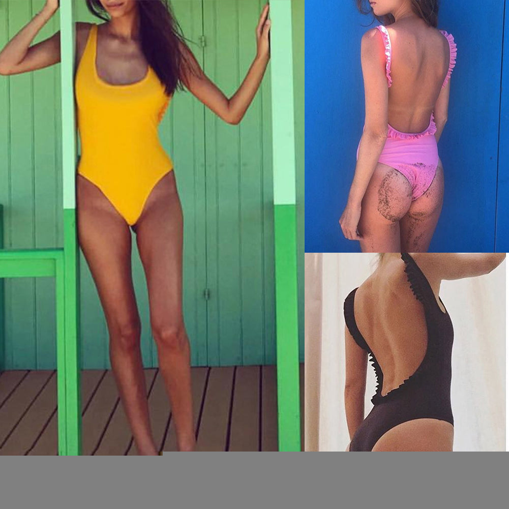 Sexy Women Solid Color Backless Ruffled Swimwear Swimsuit One-piece Bathing Suit