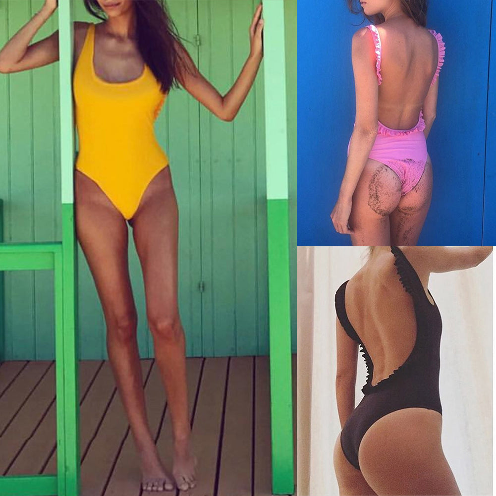 Sexy Women Solid Color Backless Ruffled Swimwear Swimsuit One-piece Bathing Suit
