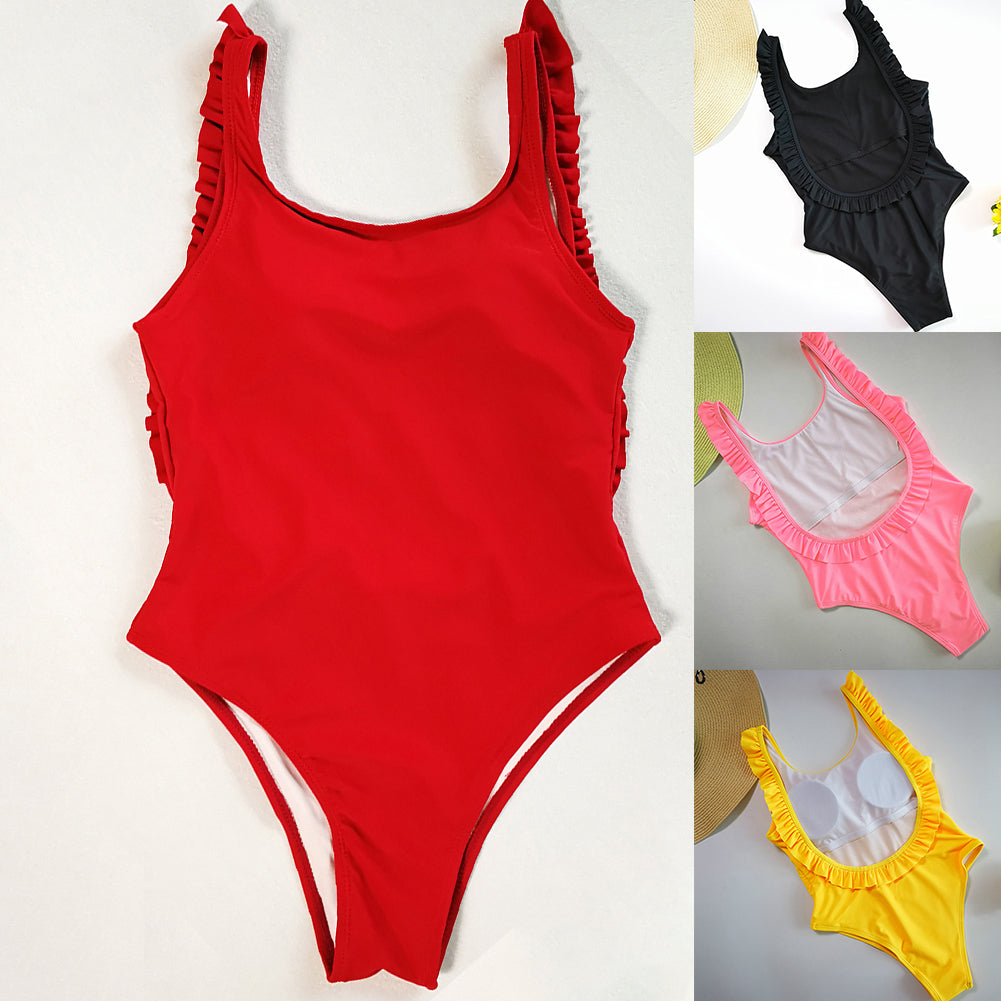 Sexy Women Solid Color Backless Ruffled Swimwear Swimsuit One-piece Bathing Suit
