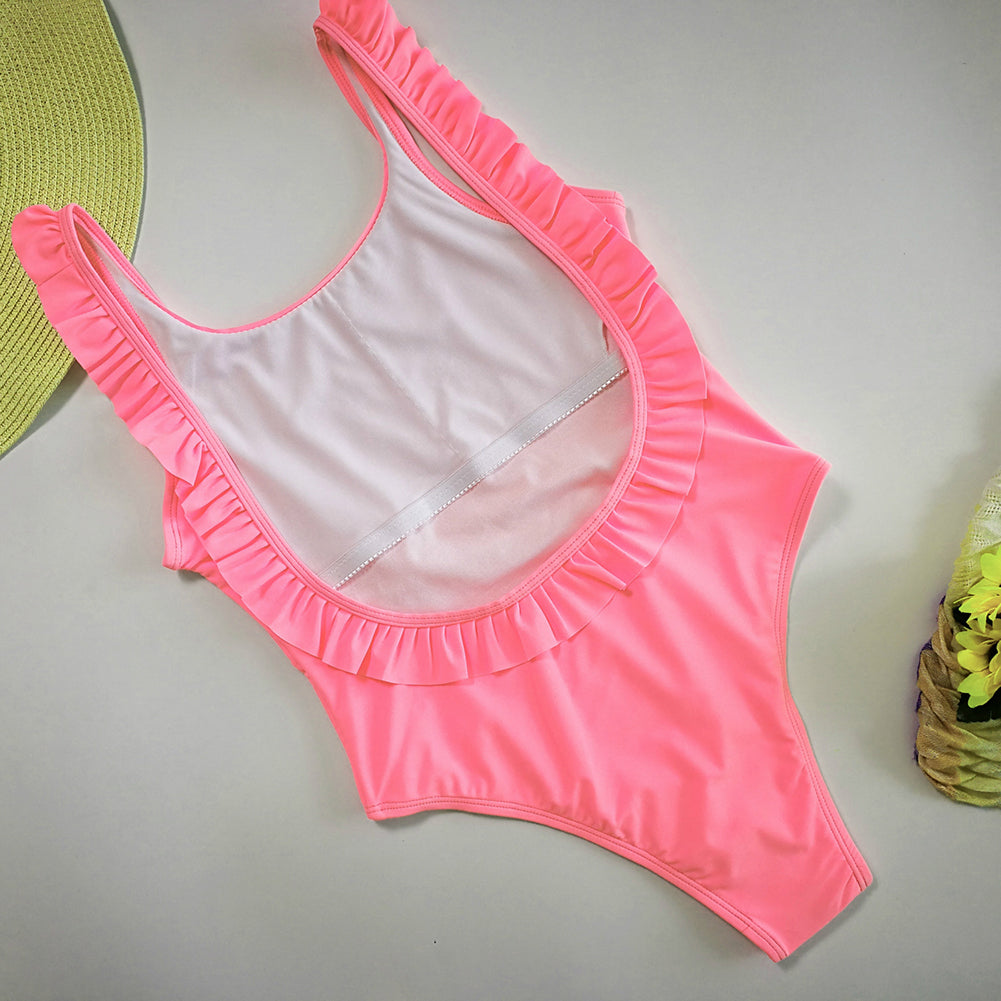Sexy Women Solid Color Backless Ruffled Swimwear Swimsuit One-piece Bathing Suit