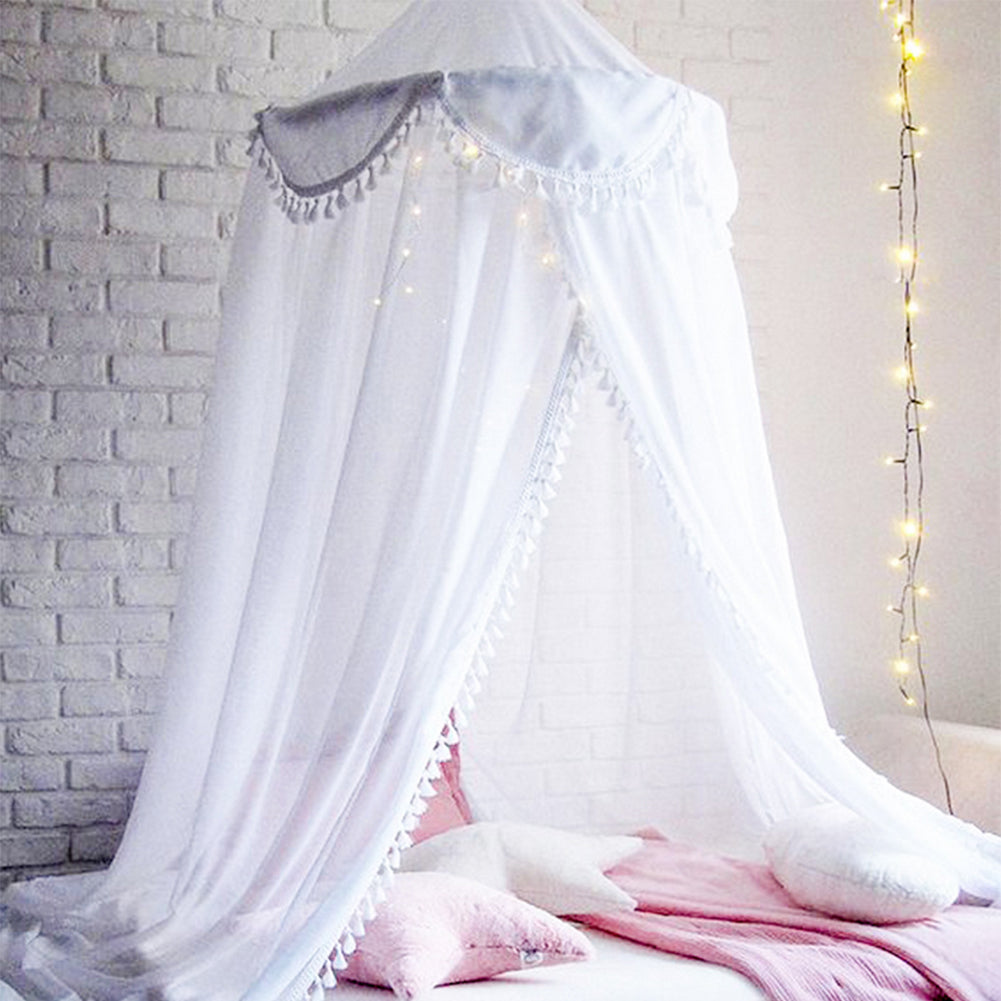 240cm Kids Baby Room Bed Curtain Canopy Pointed Tassel Chiffon Hung Mosquito Net