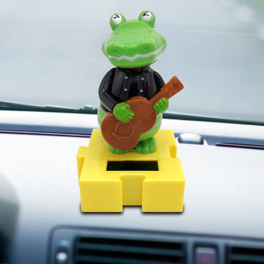 Solar Powered Cartoon Crocodile with Guitar Flip Flap Pot Swing Toy Car Decor
