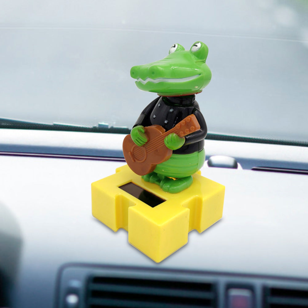 Solar Powered Cartoon Crocodile with Guitar Flip Flap Pot Swing Toy Car Decor