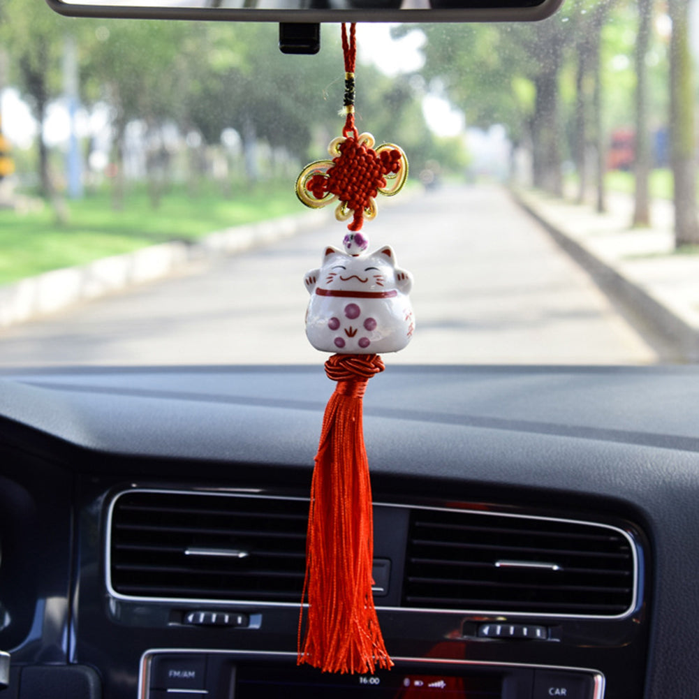 Cute Ceramic Lucky Cat Chinese Knot Tassels Car Rearview Mirror Hanging Ornament
