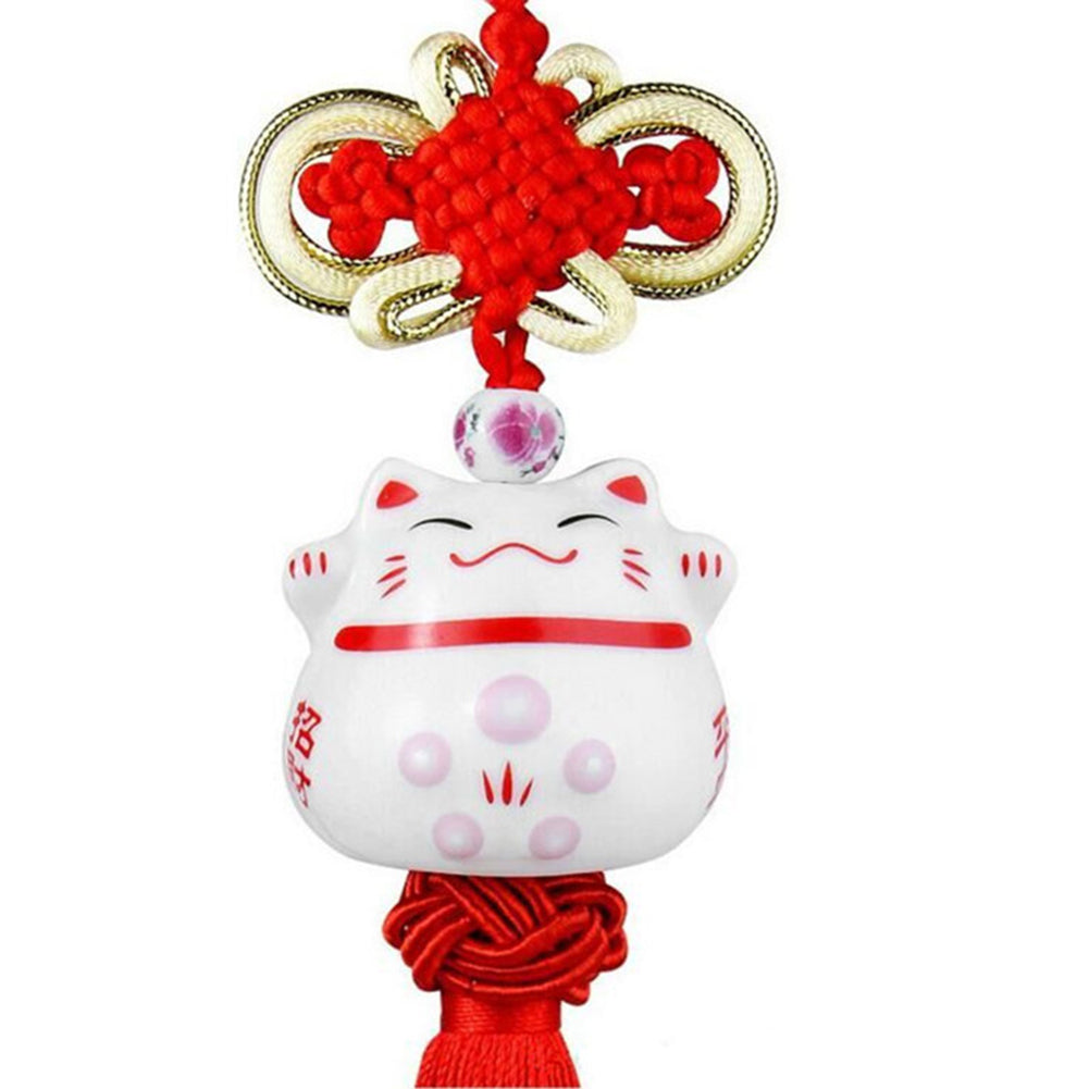 Cute Ceramic Lucky Cat Chinese Knot Tassels Car Rearview Mirror Hanging Ornament