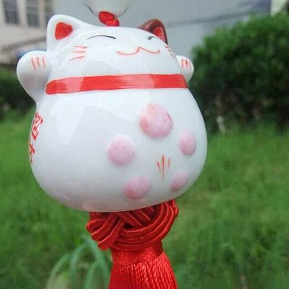 Cute Ceramic Lucky Cat Chinese Knot Tassels Car Rearview Mirror Hanging Ornament