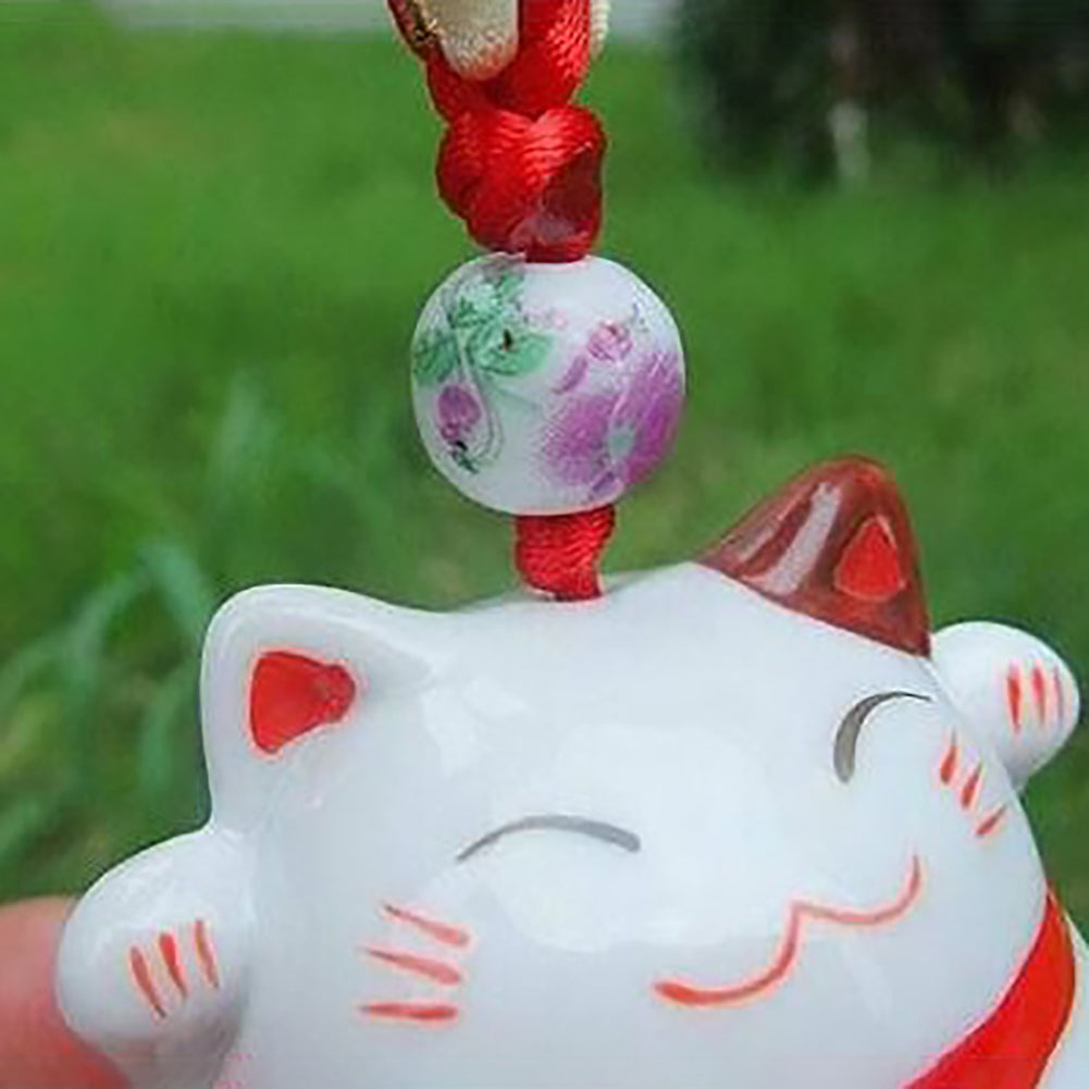 Cute Ceramic Lucky Cat Chinese Knot Tassels Car Rearview Mirror Hanging Ornament