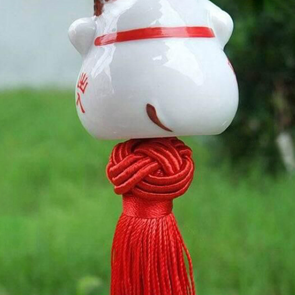 Cute Ceramic Lucky Cat Chinese Knot Tassels Car Rearview Mirror Hanging Ornament