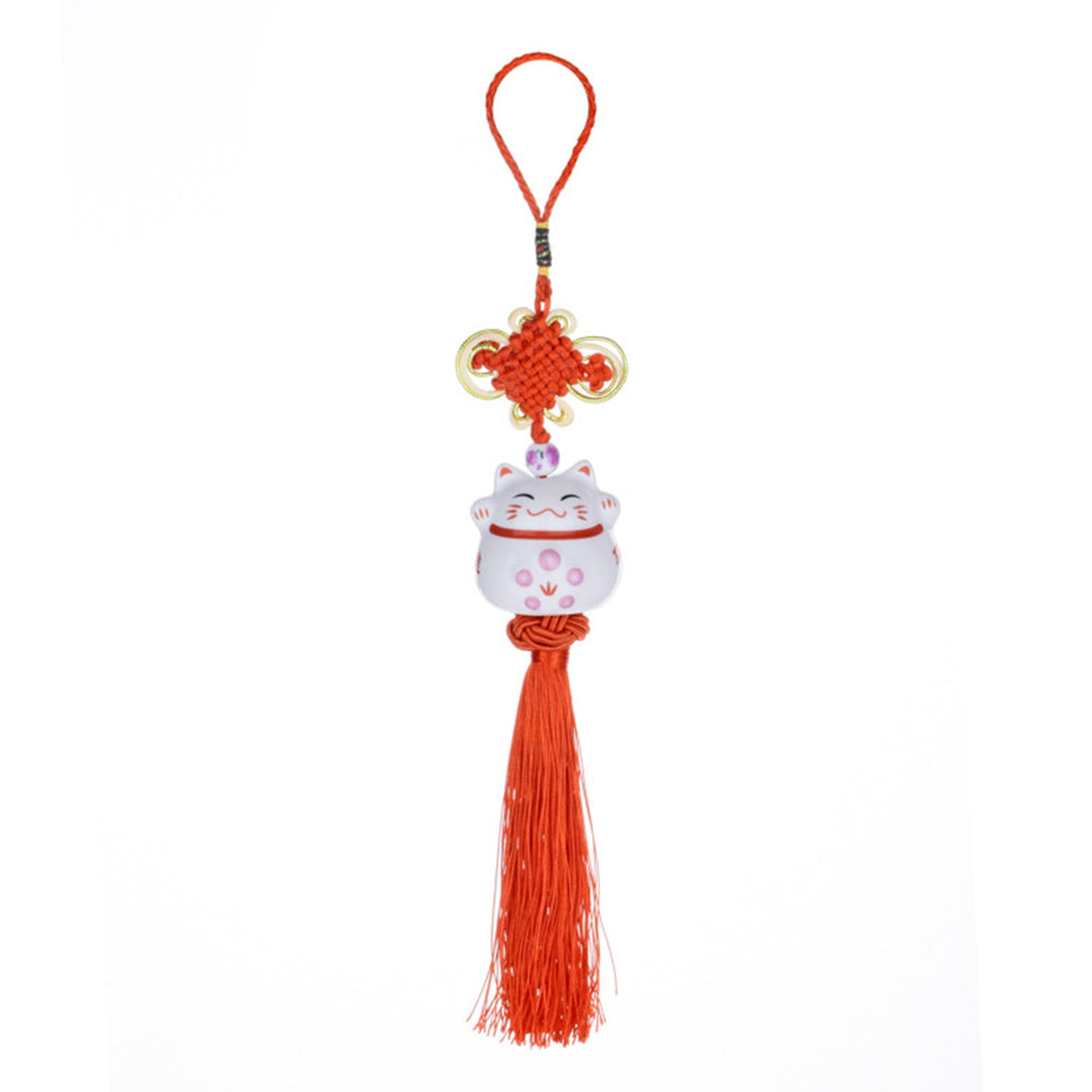 Cute Ceramic Lucky Cat Chinese Knot Tassels Car Rearview Mirror Hanging Ornament