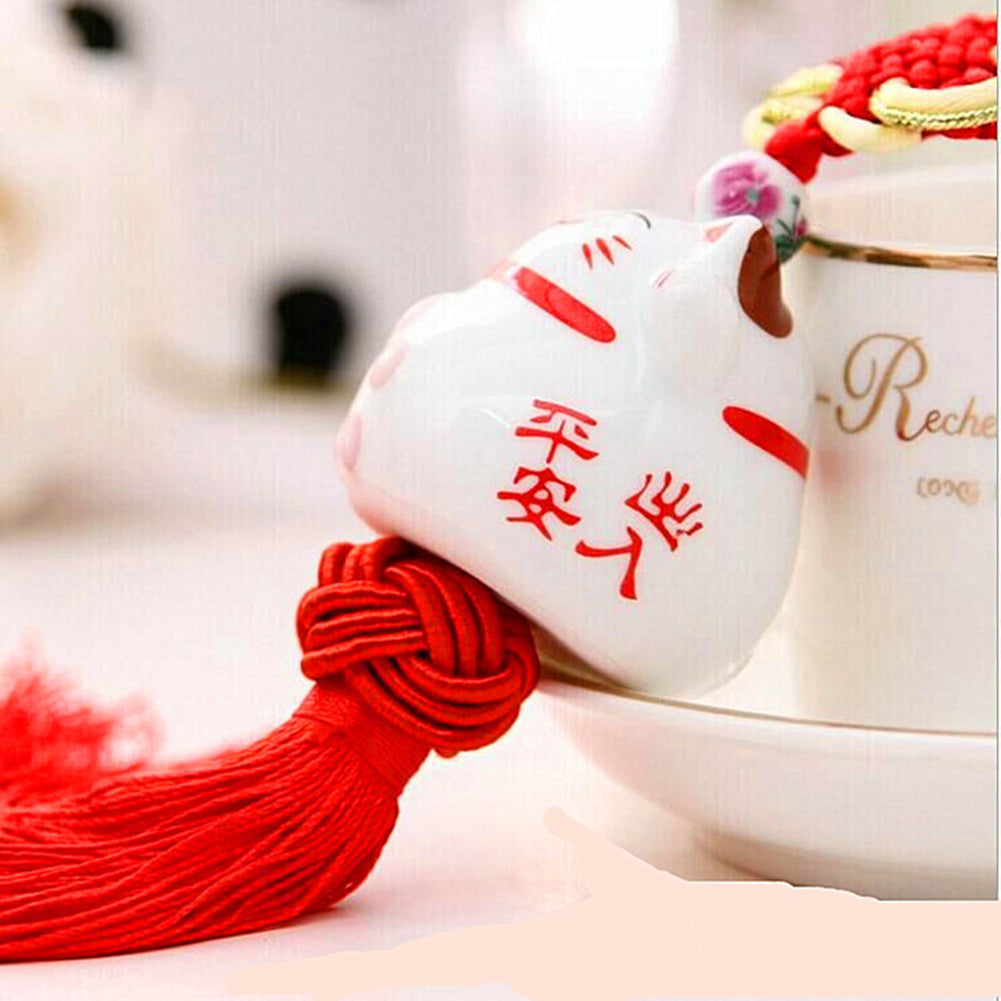 Cute Ceramic Lucky Cat Chinese Knot Tassels Car Rearview Mirror Hanging Ornament