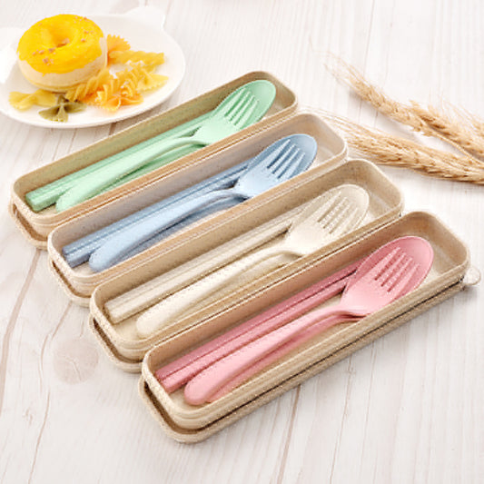 3Pcs Portable Fork Spoon Chopsticks Wheat Straw Cutlery Set Kids Tableware Kit