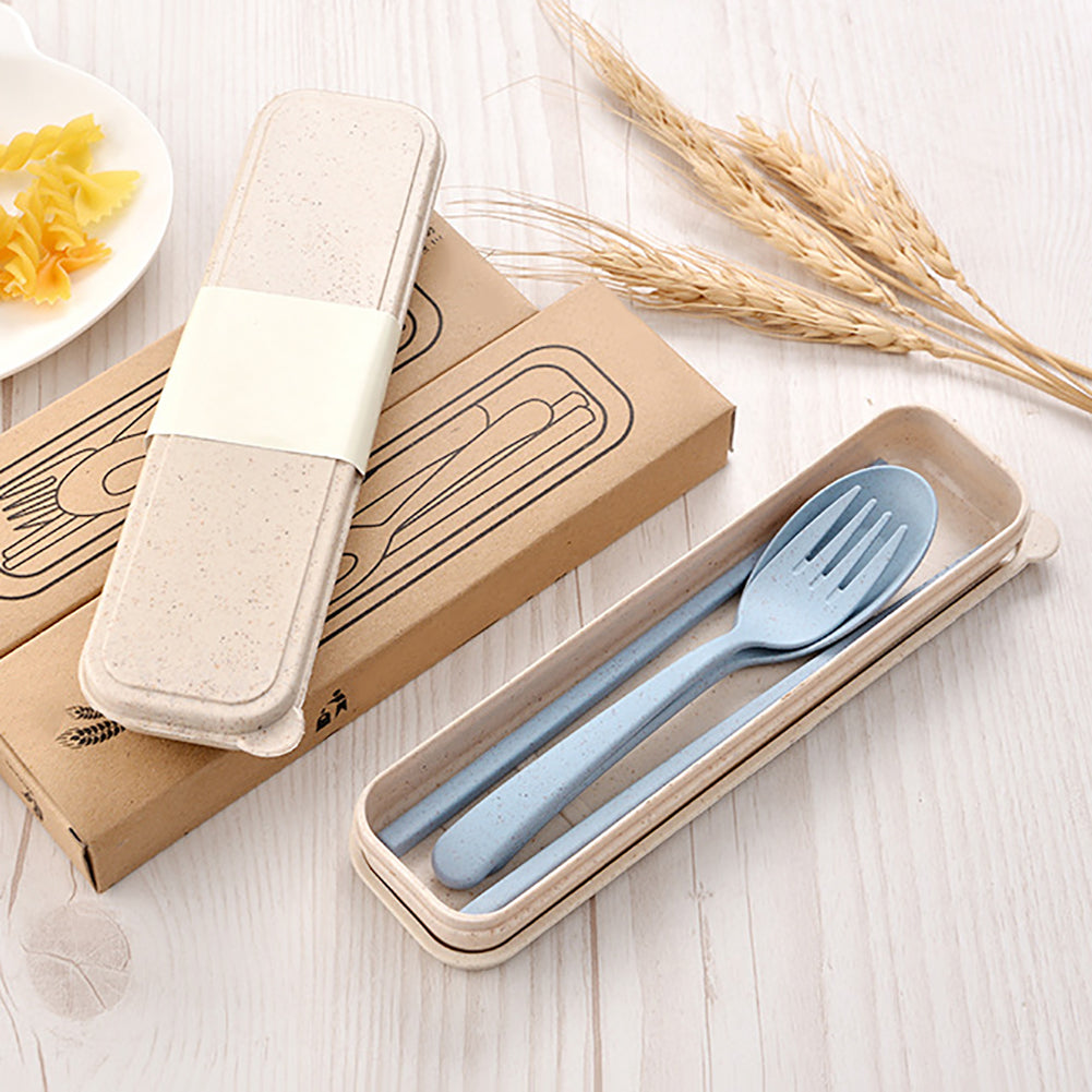 3Pcs Portable Fork Spoon Chopsticks Wheat Straw Cutlery Set Kids Tableware Kit
