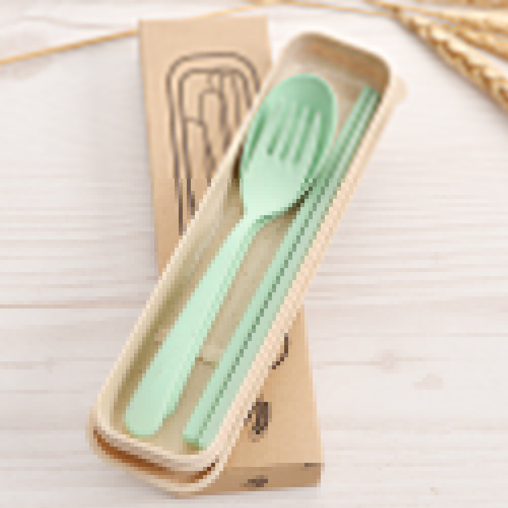 3Pcs Portable Fork Spoon Chopsticks Wheat Straw Cutlery Set Kids Tableware Kit