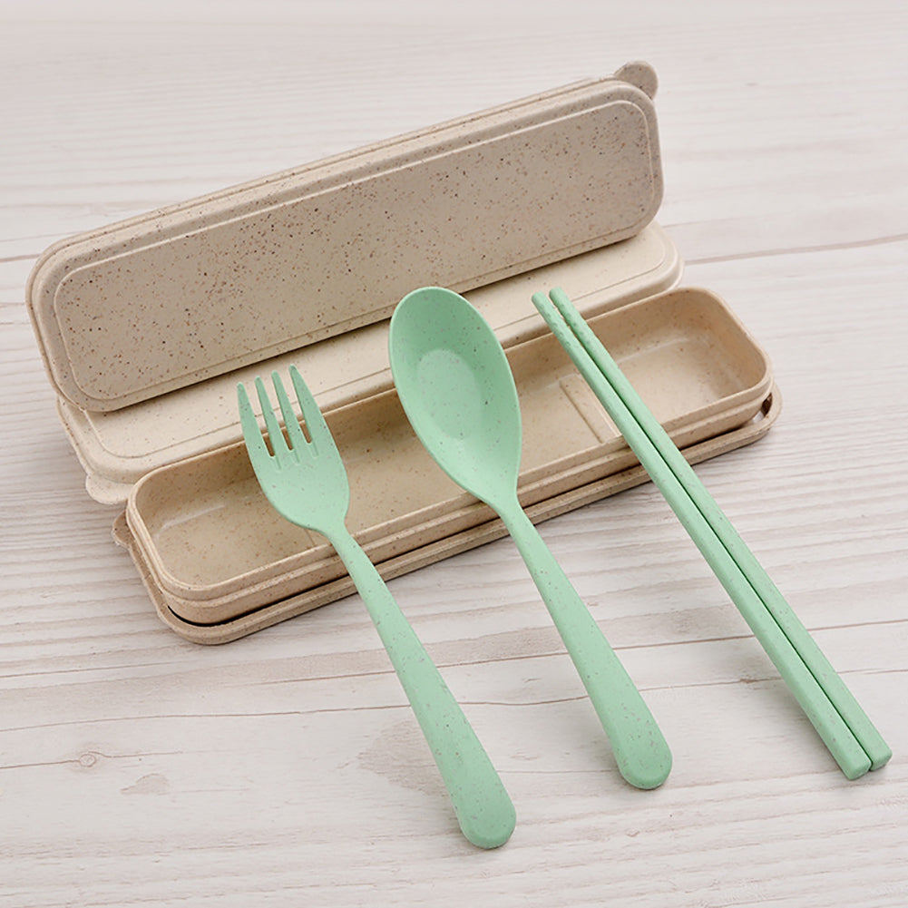 3Pcs Portable Fork Spoon Chopsticks Wheat Straw Cutlery Set Kids Tableware Kit