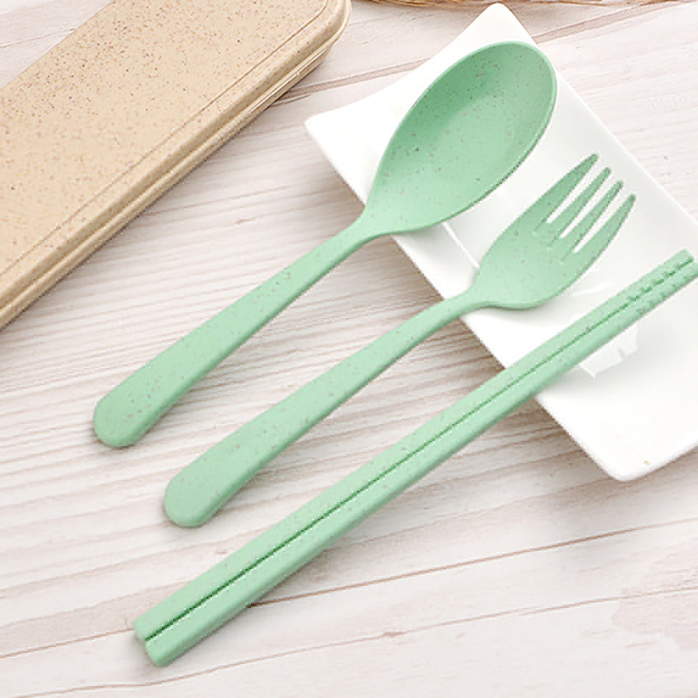 3Pcs Portable Fork Spoon Chopsticks Wheat Straw Cutlery Set Kids Tableware Kit