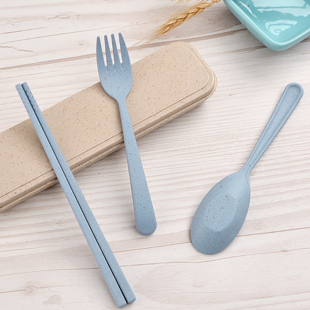 3Pcs Portable Fork Spoon Chopsticks Wheat Straw Cutlery Set Kids Tableware Kit