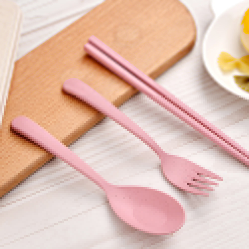 3Pcs Portable Fork Spoon Chopsticks Wheat Straw Cutlery Set Kids Tableware Kit