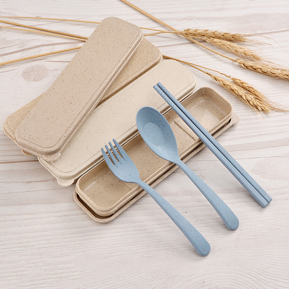 3Pcs Portable Fork Spoon Chopsticks Wheat Straw Cutlery Set Kids Tableware Kit